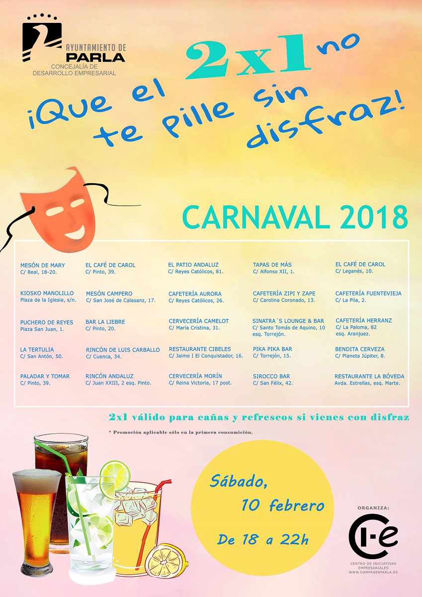 ¡Sólo nos quedan 2 días para el Carnavaaaal!

Id preparando vuestros disfraces porque el sábado viene cargado de diversión y descuentos. Si vais disfrazados a alguno de los establecimientos participantes en nuestra campaña tendréis una promoción del 2x1 en refrescos y cañas.