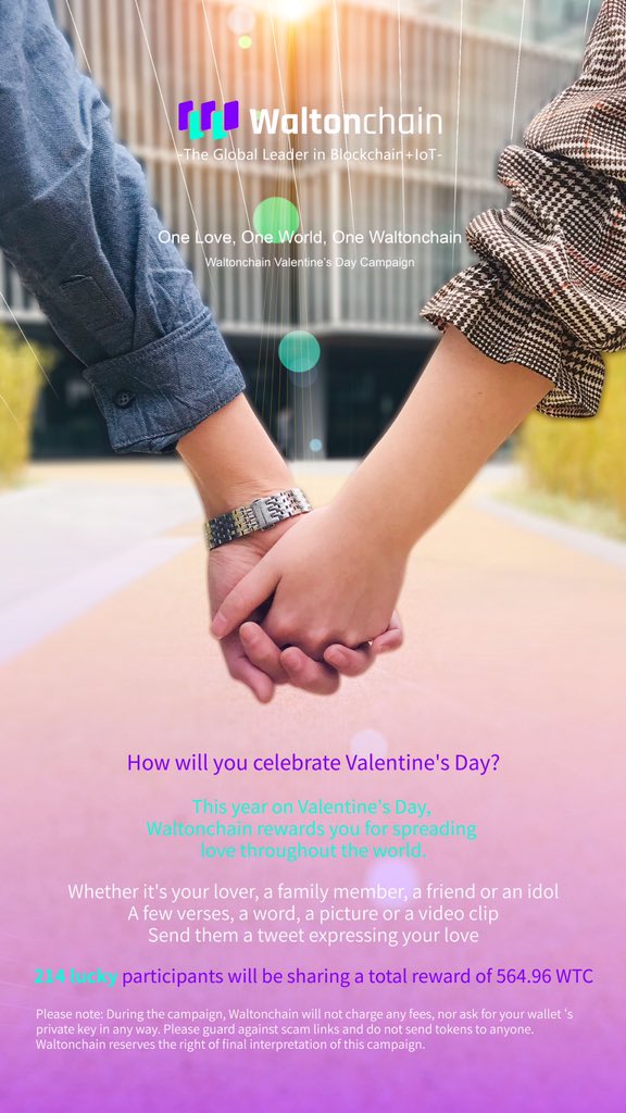 This year on #ValentinesDay, #Waltonchain rewards you for spreading #love and offers you a chance to #win $WTC

-Follow @waltonchain
-RT this tweet with #WaltonchainLove, tag the person you love or admire
-Express your love

See tinyurl.com/y7zssyy4 for details
Ends Feb. 27th