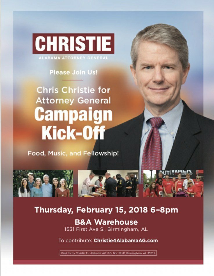 Christie4AL's tweet photo. Our campaign kick-off in Birmimgham next week is a rally of support, where everyone is welcome. Bring your family, friends, neighbors, co-workers, etc. https://t.co/DrJNJZ9VYY
