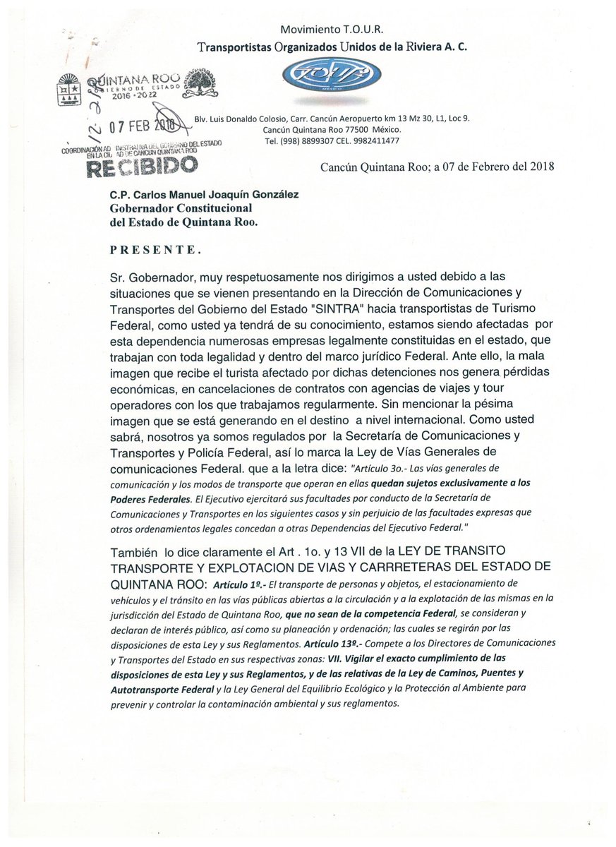 movimientoTOUR's tweet photo. Señor Gobernador @CarlosJoaquin : A continuación le enviamos imágenes de nuestro pliego petitorio que se entrego el dia de ayer en a la representación del @GobQuintanaRoo en Cancun. Por favor permítanos un espacio para poder platicar con usted.  Saludos. Transportistas Federales. https://t.co/6nqIfjk0ti