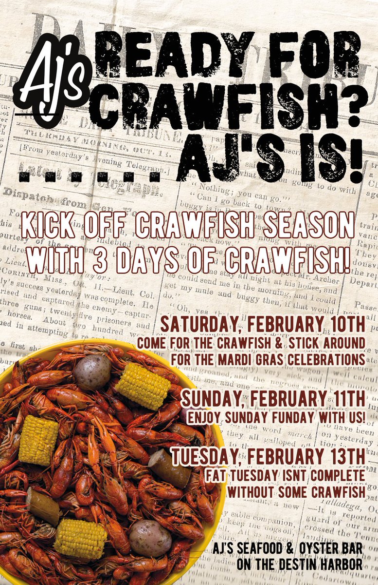 AJs_Destin's tweet photo. To kick off Crawfish Season we are doing three days of crawfish. Join us Saturday, Sunday, or on Fat Tuesday for our boil (or come all three days, we don't judge π) #AjsDestin #CrawfishBoil https://t.co/9jsRxclyyw