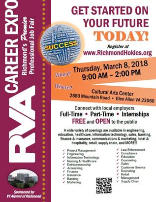 4 weeks from today Best Career Fair on East coast <a href="/RVACareerExpo/">RVA Career Expo</a> Has your #RVA company registered? 1000+ professional candidates to fill your positions. Over 50% tables sold register richmondhokies.org/careerexpo