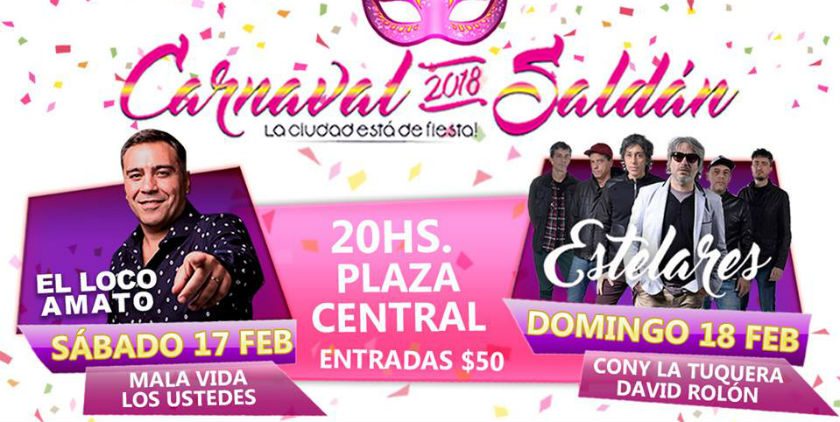 #Carnaval  #Saldán está de fiesta y prepara dos noches a pura diversión
El 17 y 18 de febrero, a partir de las 20 hs la Plaza Central.
Subirán al escenario Cristian Amato, Mala Vida, Los Ustedes, Estelares, Cony la tuquera y David Rolón. 
@MunicipioSaldan infosierraschicas.com.ar/2018/02/saldan…