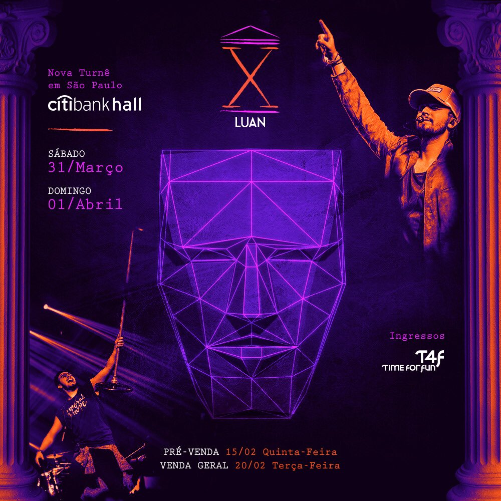 luansantana's tweet photo. Nova Turnê Luan Santana! Lançamento no Citibank Hall São Paulo, dias 31/03 (Pista) e 01/04 (Mezanino). Abertura das vendas em 20/02 (Pré-venda: 15/02). Não perca! @t4f #XLuan https://t.co/QNGMEjIb8m
