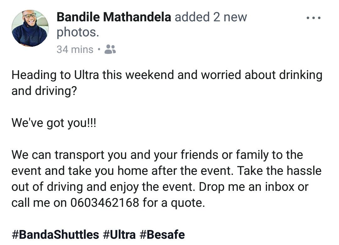 Amanda_Umxhosa's tweet photo. #UltraSA2018 #UltraJhb
My friend owns a shuttle service company.
For all your traveling for the Ultra, you can get in touch with him.
Be safe. Party safe. And Get home Safely. ❤🌻🌸🌼 https://t.co/SOo2vMIMqi