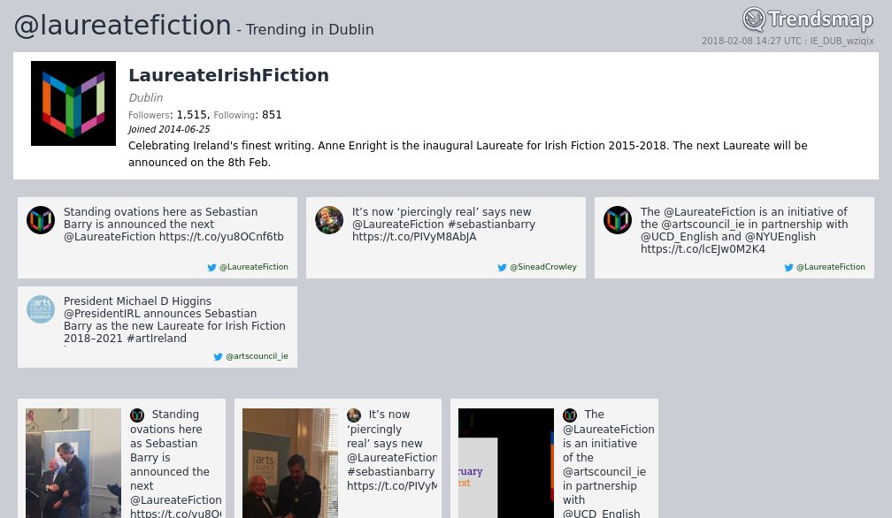 LaureateIrishFiction, @laureatefiction is now trending in #Dublin

trendsmap.com/r/IE_DUB_wziqix