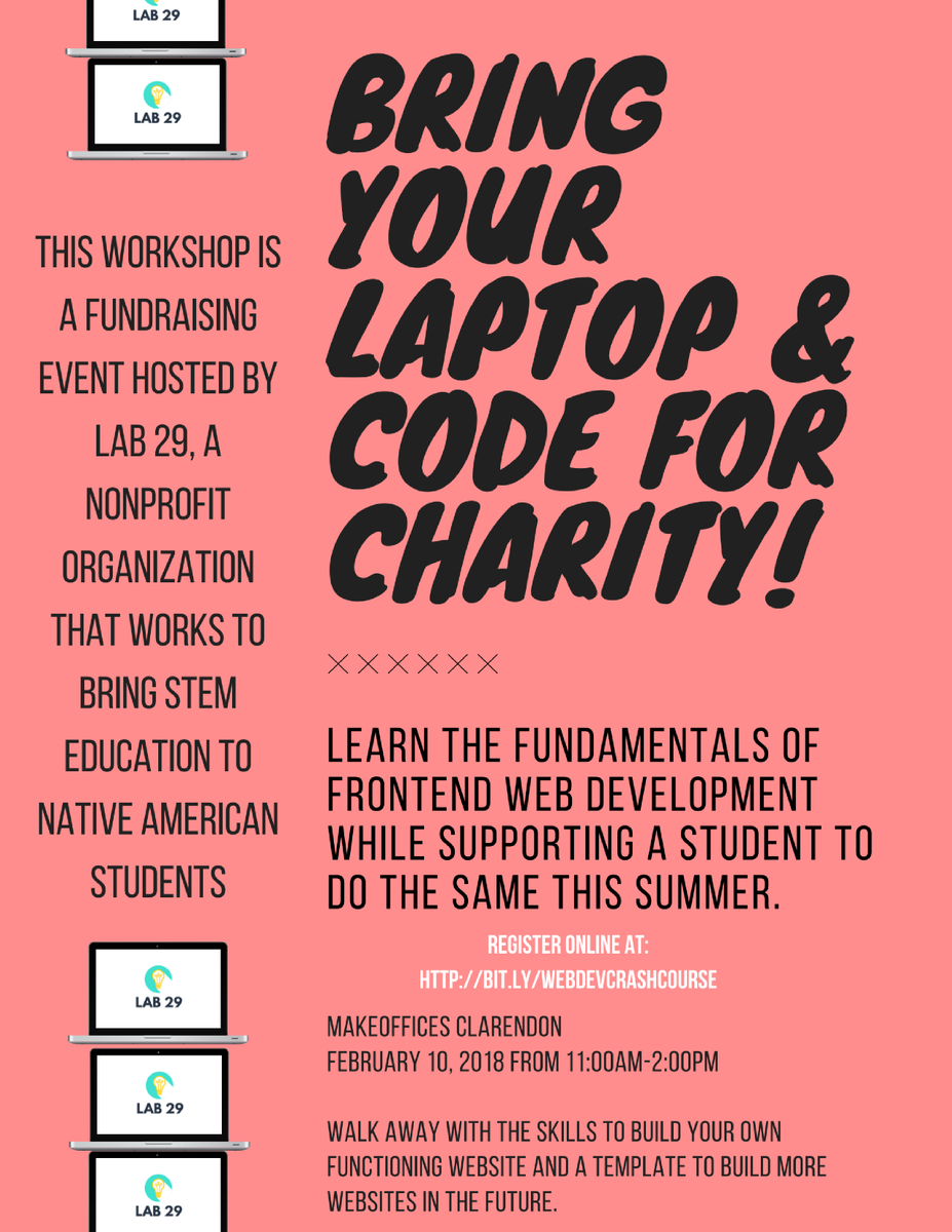 thelab29's tweet photo. For those of you in the NoVA/DC area:  interested in learning more about web development? There is a crash course this Saturday in Clarendon that is also a fundraiser for @thelab29 !! https://t.co/napUnBe5EY Retweet to get the word out 🖥️🤳 https://t.co/luu0f7QdB6