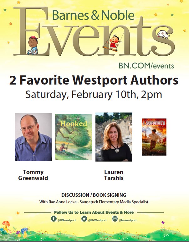 laurenTarshis's tweet photo. Parents, teachers, kids I will be at BARNES & NOBLE in Westport, CT this Sat 2/10, 2:00 talking about I Survived, and American Revolution and other fun book stuff with author pal @tommygreenwald and fave librarian @raeannelocke Join us! @WestportNow @Westport_HH https://t.co/vJAtJEBE6W