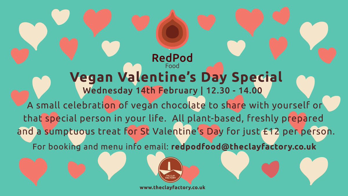 FactoryClay's tweet photo. We are open again for some more #Vegan #plantbased #vegetarian cuisine tomorrow with @RedPodFood Pop Up Lunches!!!  We're also doing a #ValentinesDay special next week so make sure you book by email redpodarts@theclayfactory.co.uk https://t.co/5XUbvOiDnr