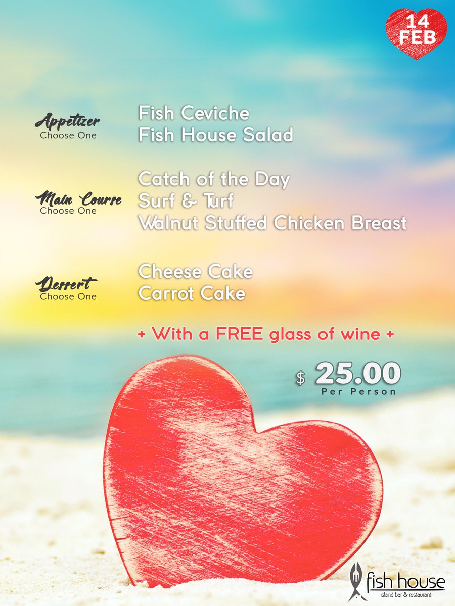 Looking for a nice ambiance to spend Valentines with someone special? Fish House offers a 3-Course Dinner + 1 Free Wine for only $25.00 per person.
#Valentines #FishHouseAruba #Aruba #Restaurant #Date #Share