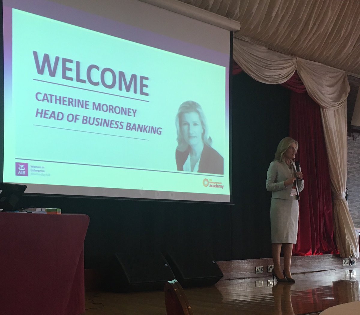 Catherine Moroney, Head of @AIBBiz opening #womeninenterprise  @Entre_Academy Masterclass @HarveysPoint #donegal talking about Leadership, Coaching & Mentoring   #backingbrave