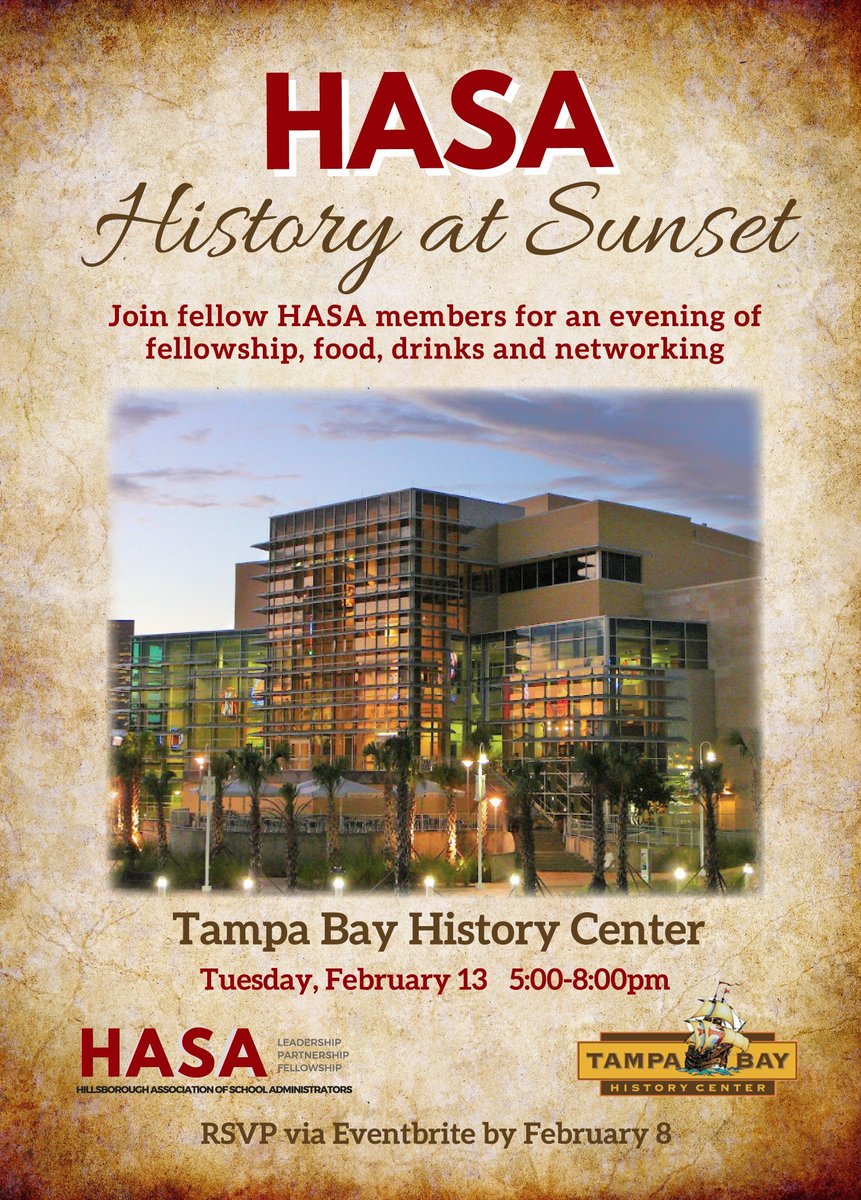 Join <a href="/HASA_Leaders/">HASA</a> for History at Sunset on Tuesday, February 13. Register today! <a href="/TampaBayHistory/">Tampa Bay History Center</a> <a href="/HillsboroughSch/">Hillsborough Schools</a> <a href="/Jeff_Eakins/">Jeff Eakins</a>