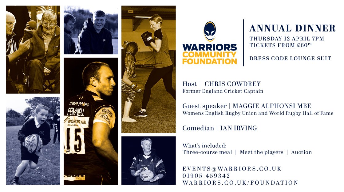 Harty0771's tweet image. Worcester Warriors Community Foundation's 4th Annual Dinner is on Thursday 12th April, 2018 here at Sixways Stadium.  Please email: events@warriors.co.uk or call 01905 459342 to secure your seats which are priced at £60.00 per person inc.