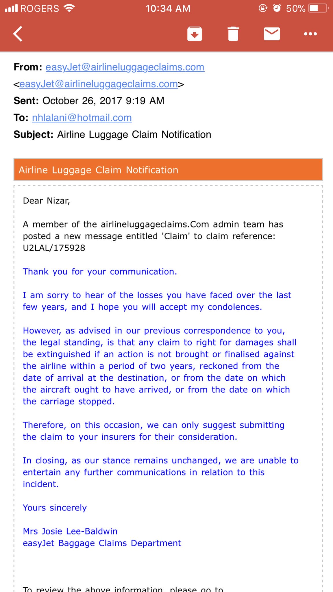 easyjet lost baggage claim