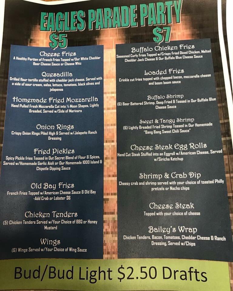 Come to Baileys for the parade! We have a discounted menu, <a href="/budlight/">Bud Light</a>  &amp; <a href="/budweiserusa/">Budweiser</a> drafts for $2.50! And our <a href="/MillerLite/">Miller Lite</a> bleeds green 💚🦅 #GoEagles #paradeday #Beers