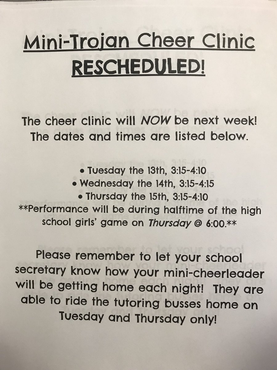 CheerForSparta's tweet photo. The clinic is rescheduled for next week. Spread the word! https://t.co/BufzTUIhpU