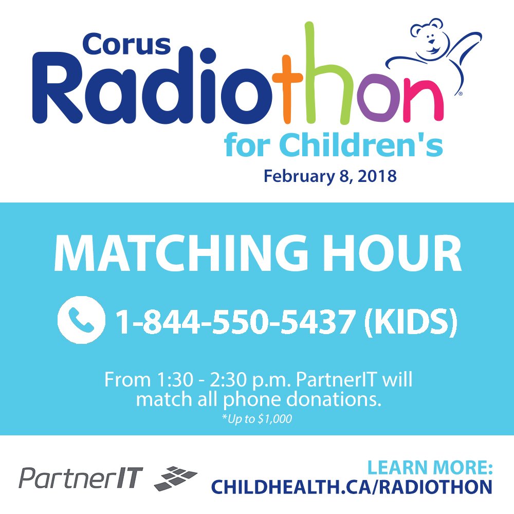 .<a href="/PartnerITCanada/">PartnerIT</a> is matching phone donations until 2:30. Call 1-844-550-5437(KIDS) to donate! #CorusRadiothon