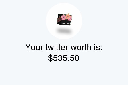 _Dqnut's tweet photo. My Twitter worth is: $535.50

Find yours with https://t.co/oA2HjvJa9p

. https://t.co/JJ9N5BZkfs