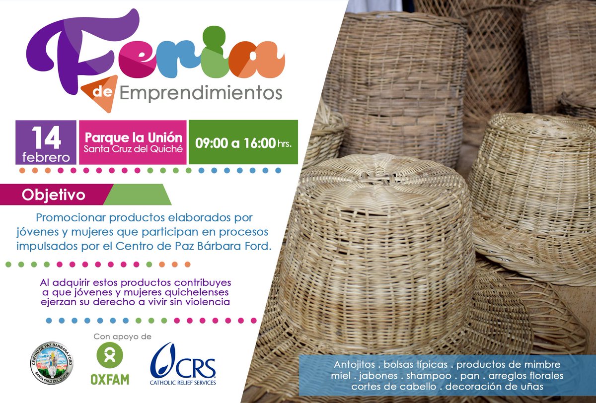Este 14 de febrero acompáñanos a la Feria de Emprendimientos, este es un espacio para que jóvenes y mujeres que participan en nuestros procesos impulsen sus productos y servicios. #apoyo #quiche #emprendimiento 

Con el apoyo de @Oxfam_Guatemala