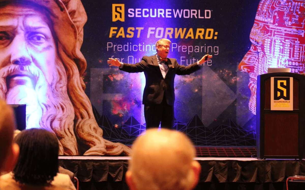 SecureWorld's tweet photo. Great opening keynote at SecureWorld Charlotte with "Empirical Futurist" Thornton May. He worked the room and inspired us: being in InfoSec is a very noble path! #SWCHAR18 https://t.co/8U1uHFoZ67