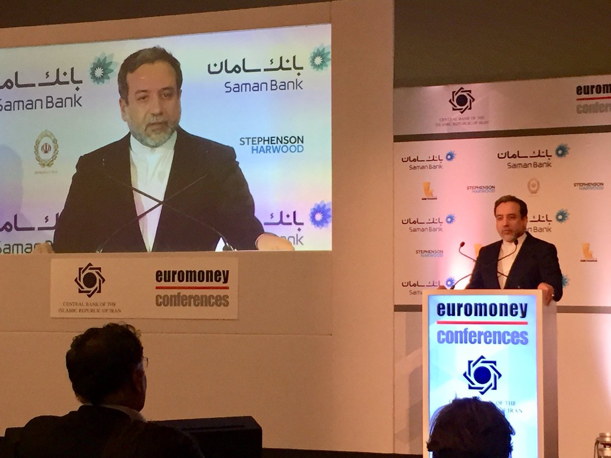 AmirPaivar's tweet photo. “JCPOA is not an economic deal but a nuclear deal to resolve one of the most complicated crises of the world, through peaceful means, which is very rare in our region,” #Iran deputy FM Araghchi tells Euromoney Iran Conference #emIran https://t.co/NnCNhg7xCl