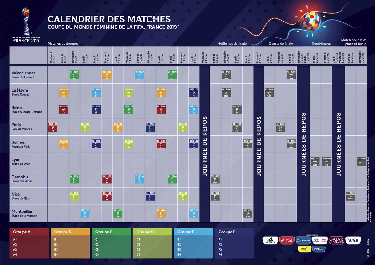 FIFAWWC's tweet photo. OFFICIAL!
Opening match in Paris, semi-finals and final in Lyon. 
All you want to know is in the #FIFAWWC🇫🇷 schedule.

Le calendrier officiel de la Coupe du Monde Féminine France🇫🇷 2019 a été dévoilé.
Match d’ouverture à Paris, 1/2 finales et finale à Lyon.
Retrouvez-le ici ! https://t.co/VHuBicv5Q0
