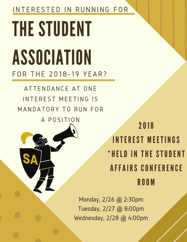 StRoseSA's tweet image. Are you interested in running for a Student Association position for the 2018-2019 year? If so, come to one of our interest meetings! Not only is it required to run for a position, but you can also learn more about each position, SA, and the election process!