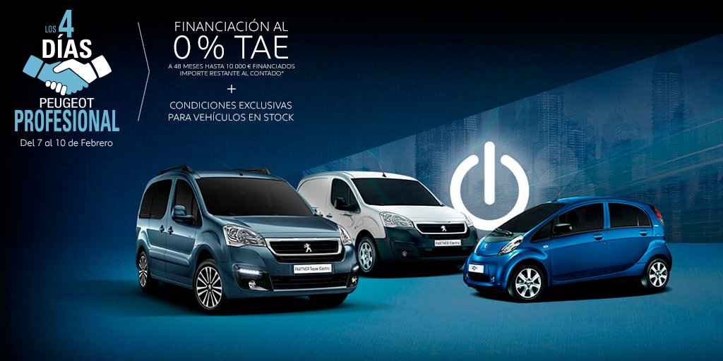 En los #4DíasPeugeotProfesional tienes lo que necesitas para tu negocio. Llévate un turismo o un comercial al 0% TAE.

¿Quieres saber más?
bit.ly/2EGy7qR