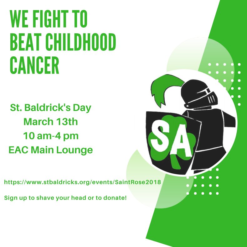 StRoseSA's tweet image. Stop by the Main Lounge on March 13th from 10am-4pm to help raise money for Childhood Cancer! If you are interested in shaving your head or donating for St. Baldrick's Day go to stbaldricks.org/events/SaintRo…! Any donations or help spreading awareness for this amazing cause is welcomed!