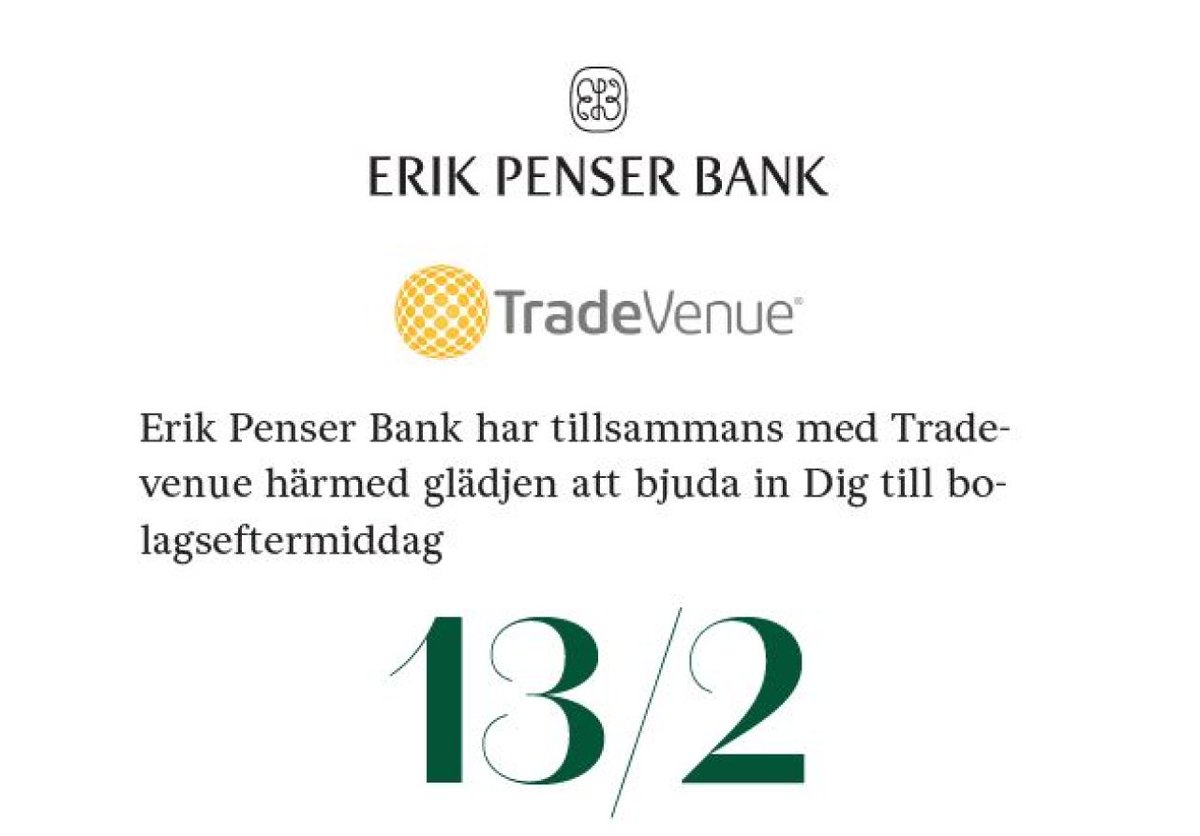 TradeVenue har tillsammans med Erik Penser Bank härmed glädjen att bjuda in Dig till bo­lagseftermiddag, anmäl er här: preview.mailerlite.com/t3g4f6

RT:a gärna!
#aktier #investeringar #börsen #företag #bank #trading