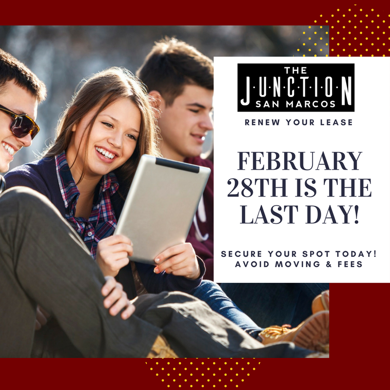 TheJunctionSM's tweet image. RESIDENTS: The LAST day to renew your lease is February 28th! Secure your apartment &amp;amp; avoid moving fees by renewing with us for next year. 👀✔️ #renewtoday #liveatthejunction #avoidfees #dontmove