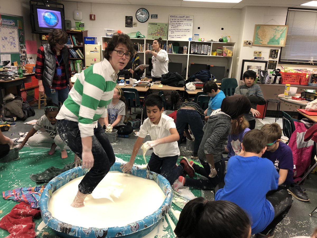KingsGlenES's tweet photo. Non-Newtonian Fluid observations or teacher stuck in the muck? Either way, some serious excitement and mess! #KGScience #OurFCPS https://t.co/WVaOO7idtG