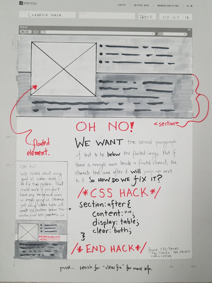 dwds_'s tweet image. aaaaand... Here's a little thing I drew for them to explain the clearfix hack. #css #clearfix #csshack #casfloats