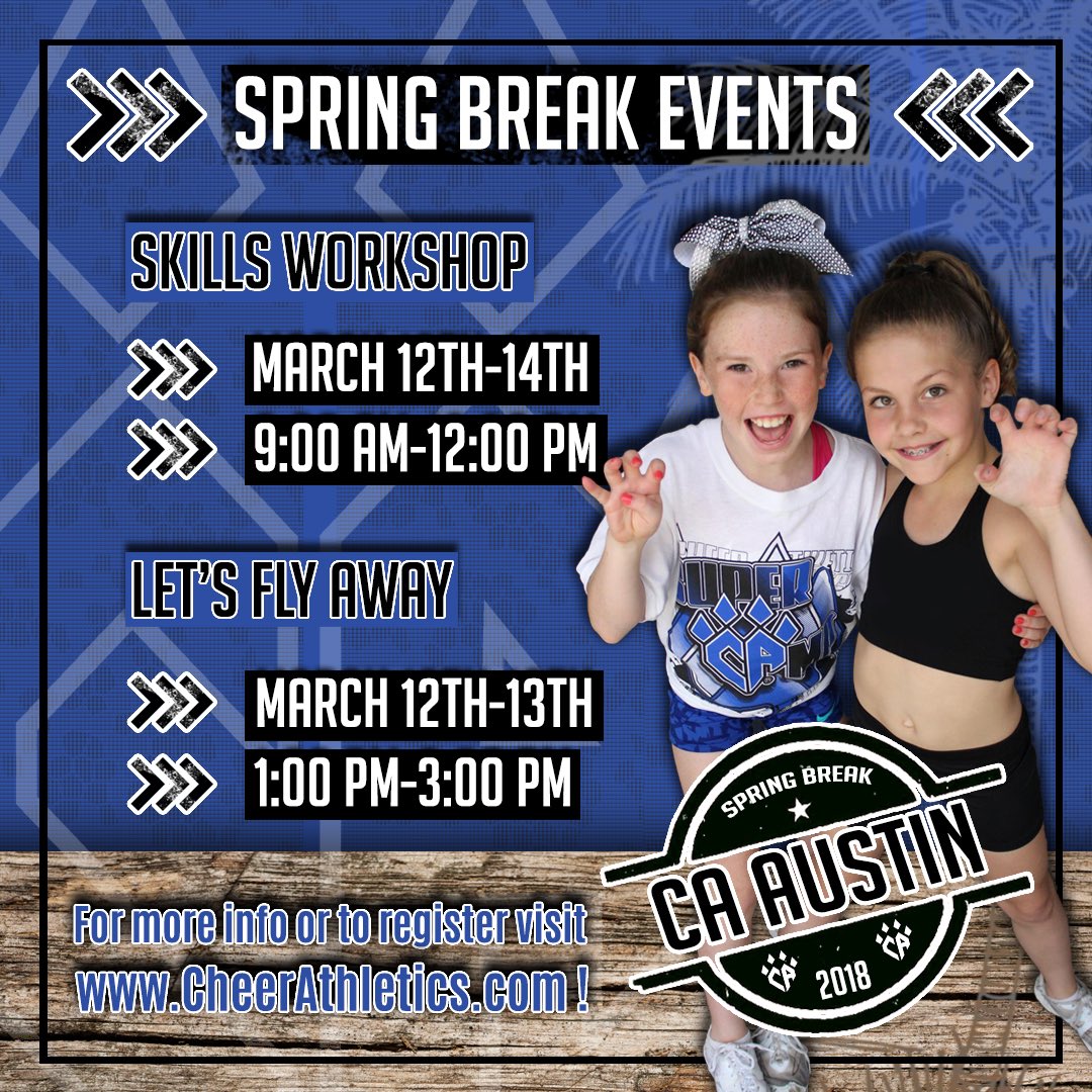 caspecialevents's tweet photo. Enjoy Spring Break with CAT this year!!! Tryouts will be here before you know it, and we’re here to help! 💙🌴🖤 #trainwiththebest  

Check it out! https://t.co/3C7ZKHmC1u https://t.co/zilng358Jp
