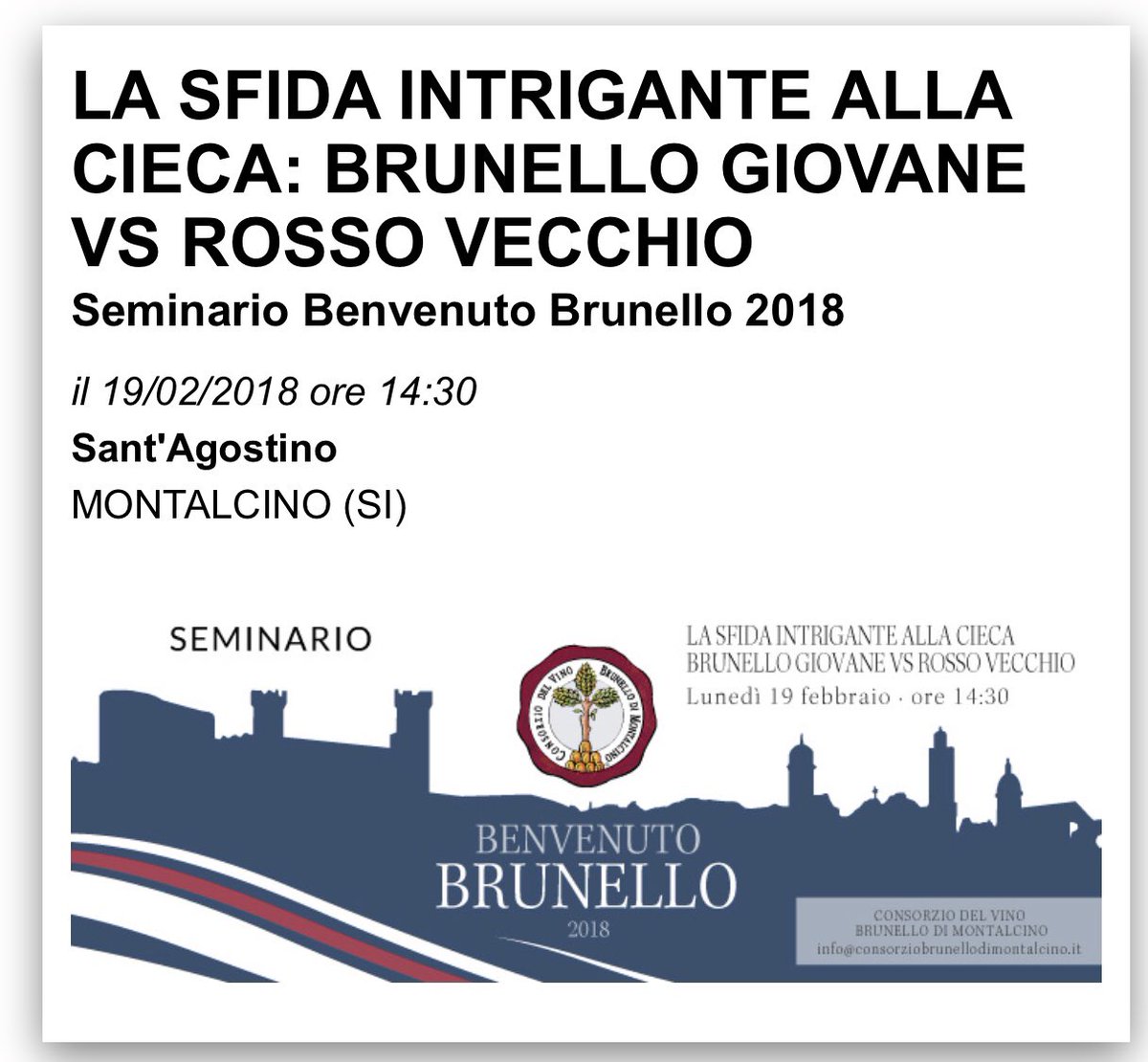 #Seminario con degustazione alla cieca di #Brunello giovane vs #Rosso maturo. Al #BenvenutoBrunello2018 Lunedì 19 Febbraio ore 14:30. 😎🔝🍷
vivaticket.it/ita/event/la-s…
<a href="/LaMannella/">CORTONESI</a> <a href="/WineNewsIt/">WineNews</a> <a href="/DivinaVitale/">divina vitale</a> <a href="/ConsBrunello/">Brunello Montalcino</a> <a href="/WineLovers_Unit/">Winelovers Unite!!</a> <a href="/winesurf/">WineSurf</a> <a href="/ilvinoetratto/">LaJolieSommelier</a> <a href="/montalcinonews/">montalcinonews</a>