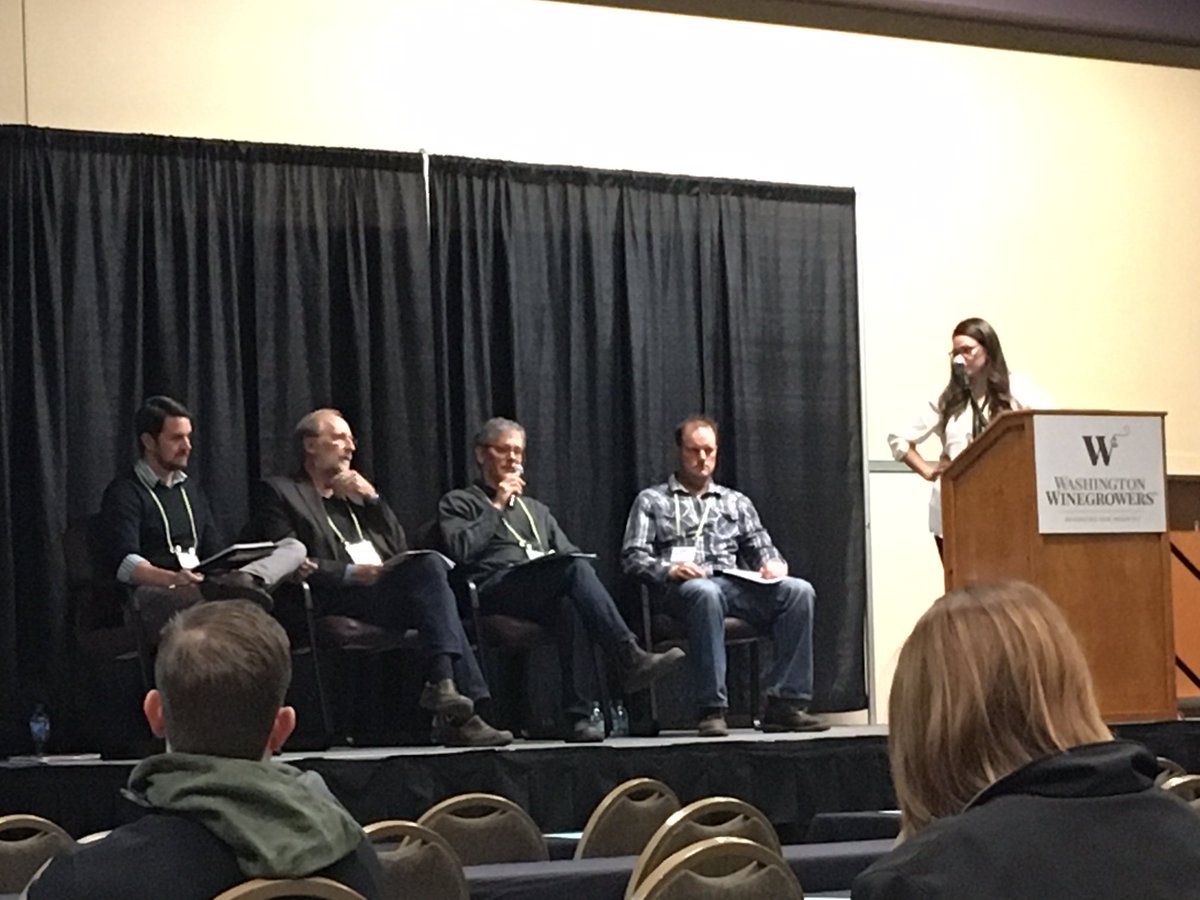 kprengaman's tweet photo. Panel on how to brand and market your vineyard includes Todd Newhouse of @uplandvineyards Casey McClellan of @7HillsWinery,  Kent Waliser of @Sagemoor and PJ Alviso of @duckhornwine  #WAwinegrowers https://t.co/Ck2WyvIlzt