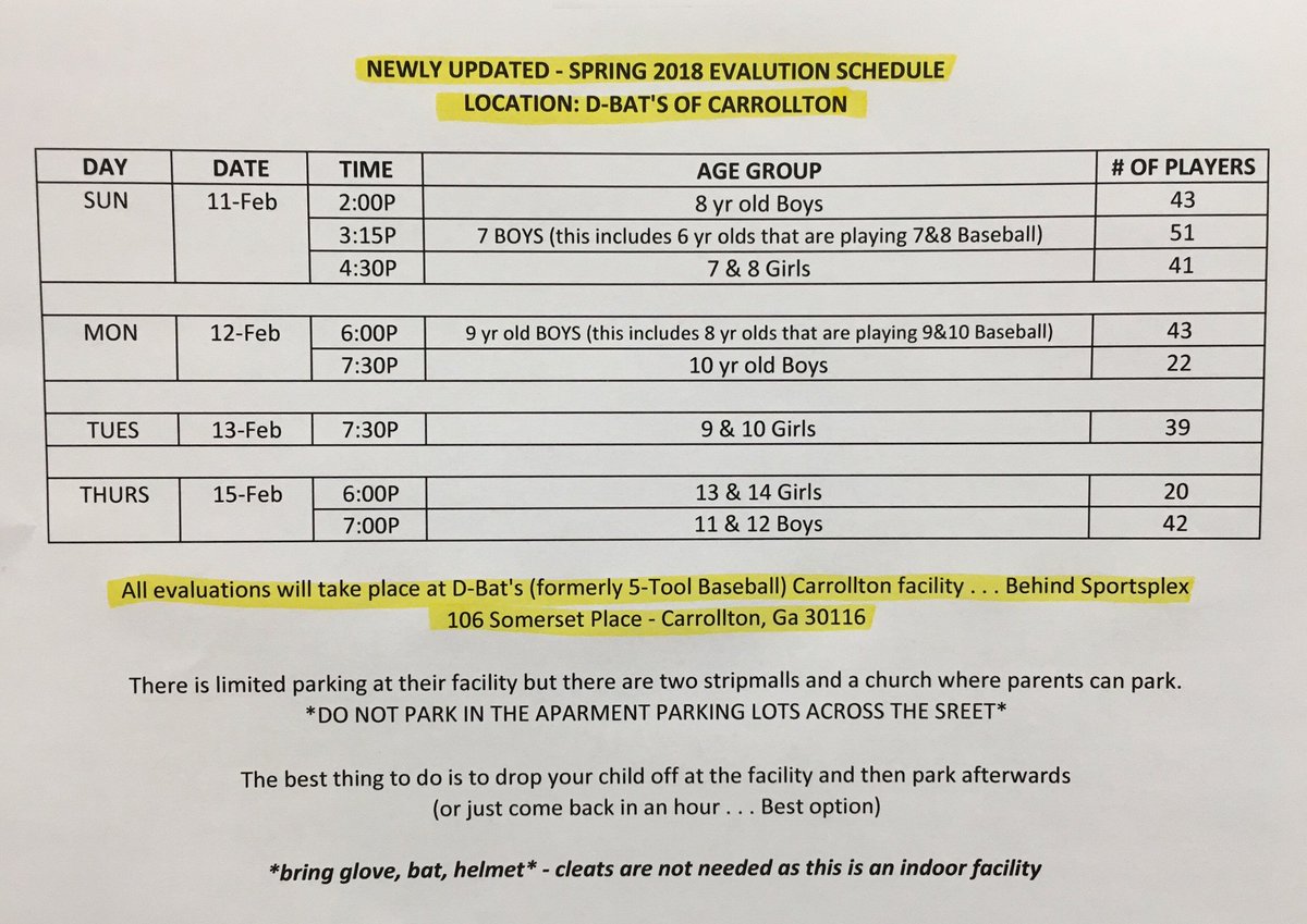 CarrollCountyRe's tweet photo. Newly Updated: Spring 2018 Evaluation Schedule for Baseball/ Softball https://t.co/b9aCeeUBm2