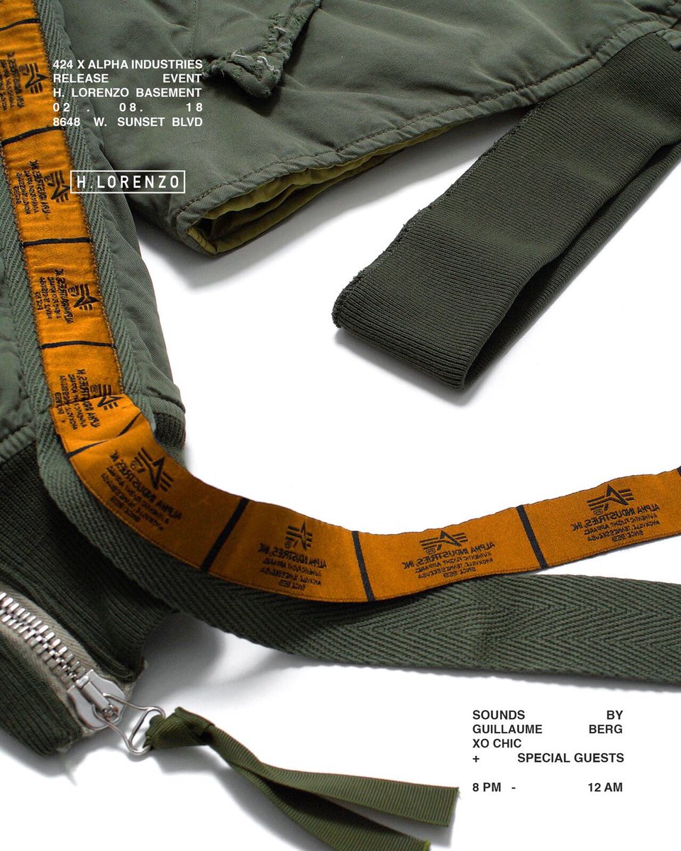 Tonight <a href="/424onFAIRFAX/">424onFairfax</a> x <a href="/AlphaIndustries/">Alpha Industries</a> launch event.  Entrance is through the back.  #424fairfax #alphaindustries #hlorenzo