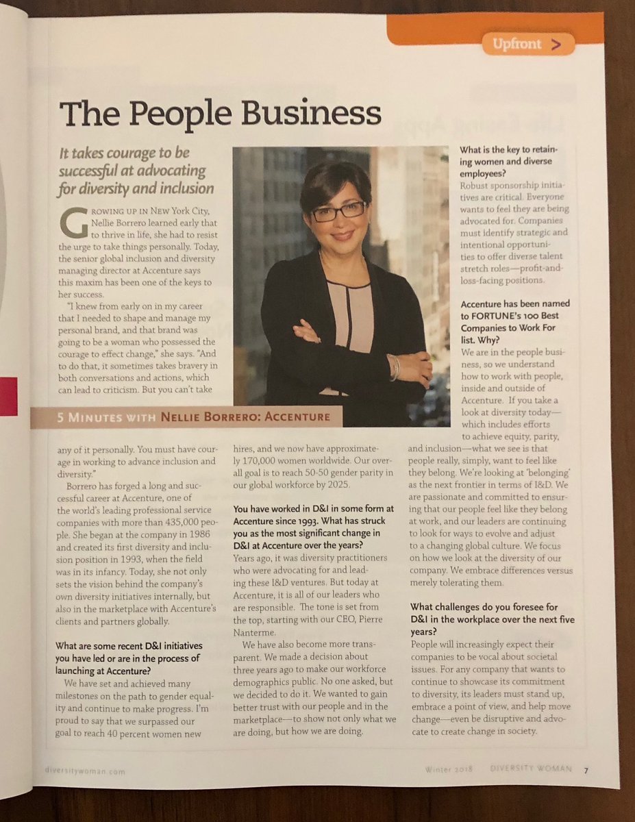 NellieBor's tweet photo. Thank you @DiversityWoman for the opportunity to be featured in the Winter 2018 ‘5 Minutes With’ section. Let’s continue on our courageous journey towards #equality for ALL! @Accenture https://t.co/2ehvWRiRjn