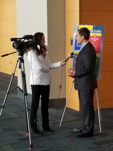 SecureWorld's tweet photo. LIVE from SecureWorld Charlotte: @DrChrisPierson interviewed by @DuganFOX46 of @FOX46News #SWCHAR18 #InfoSec #Cybersecurity #Governance #GRC #CISO #CPO #GeneralCounsel #Board #Leadership #Strategy @BinarySunCyber https://t.co/yZv1cD7VS9