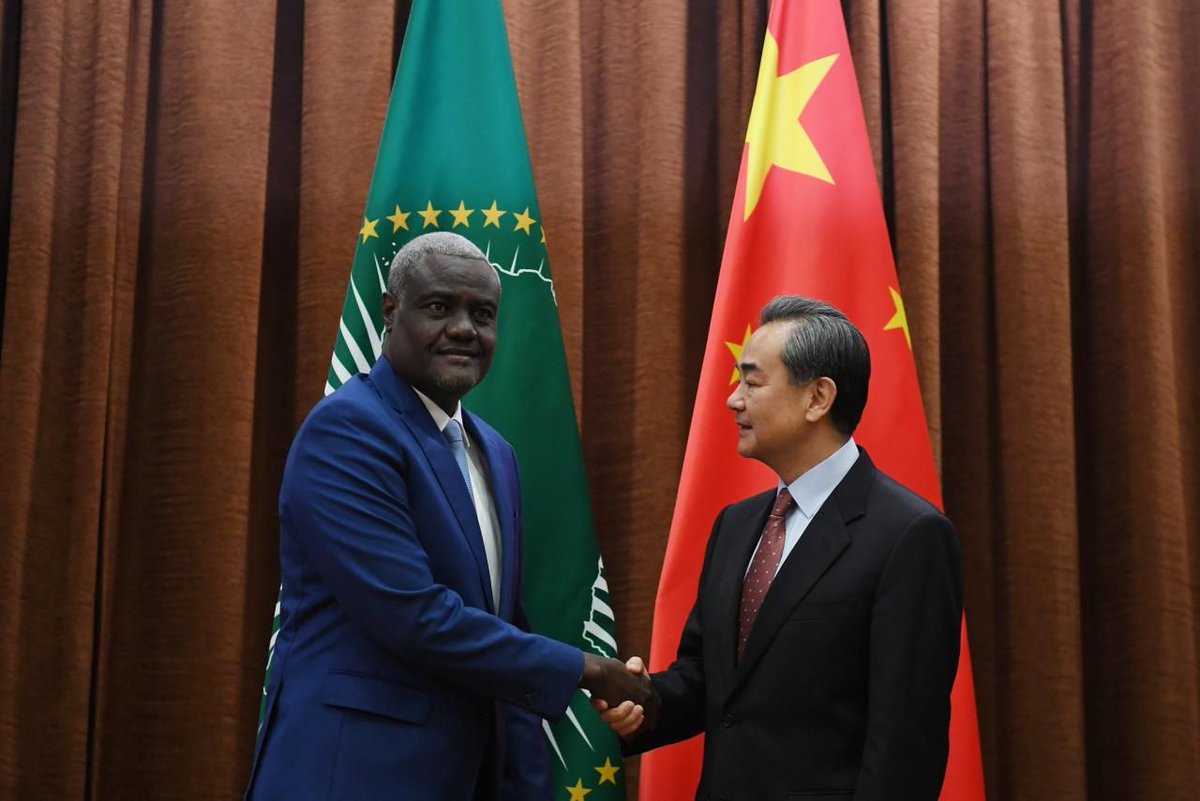 PDChina's tweet photo. Chinese Foreign Minister Wang Yi and Chairperson of the African Union (#AU) Commission Moussa Faki Mahamat jointly hosted the Seventh China-AU strategic dialogue in #Beijing on Thursday https://t.co/JAYNYswpTm