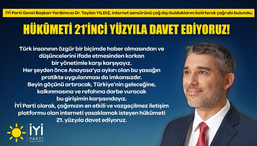 iyiparti's tweet photo. İnternet, 21. yüzyılın en etkili ve vazgeçilmez iletişim platformudur. Dolayısıyla İYİ Parti olarak, hükümeti, 21. yüzyıla davet ediyoruz. 
#HavuzİnternetineHayır https://t.co/FzLQXuhPGm