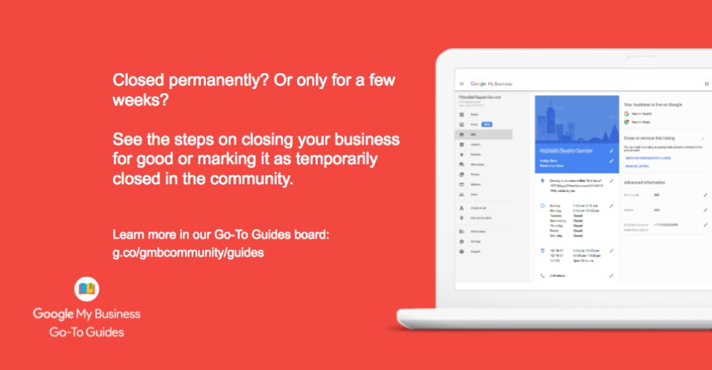 GoogleMyBiz's tweet photo. Closing a business is hard but we’re showing you the easiest ways to do it in our #GoToGuides. Learn more here: https://t.co/ojNAMB1Ss3 https://t.co/1m07HXQ1e4