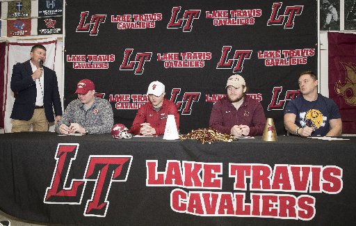 Four members of Lake Travis football sign up for college football. atxne.ws/2sgfMhD