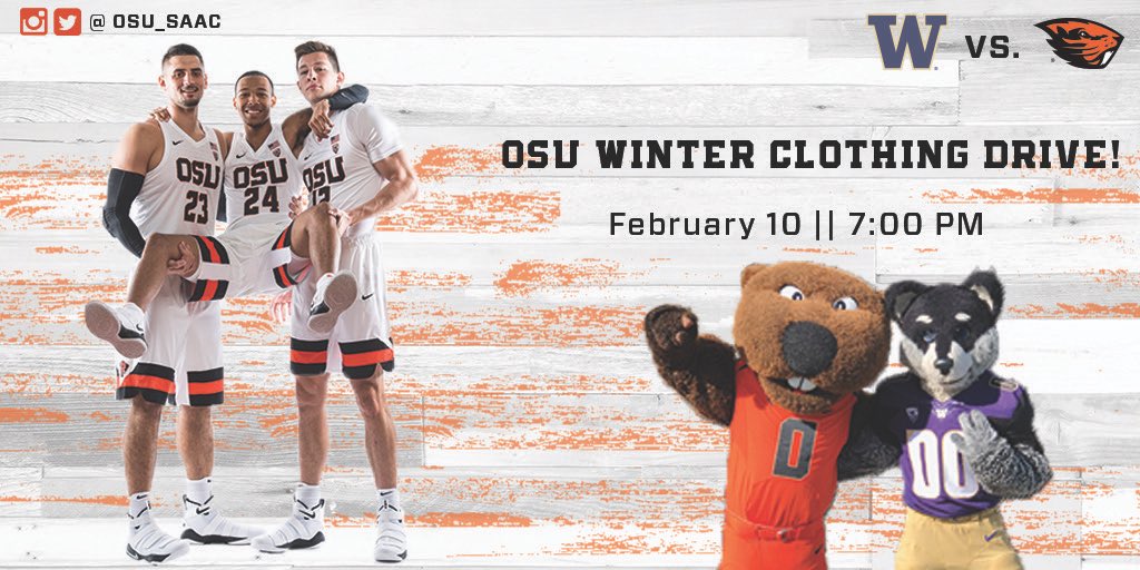 ROUND 2‼️ Donate your lightly used winter clothes (jackets, beanies, gloves, boots, etc.) to the <a href="/BeaverMBB/">Oregon State Hoops</a> basketball game against <a href="/UW_MBB/">Washington Men's Basketball</a> !! 🏀☃️#GoBeavs #I5WinterClothesDrive