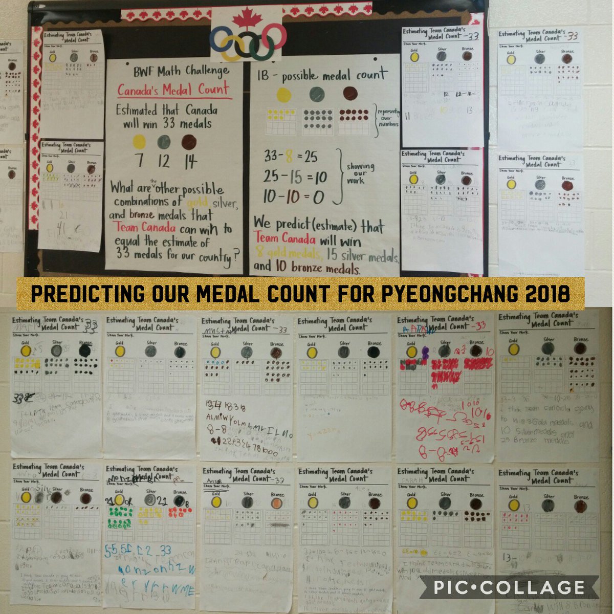 CassH82's tweet photo. Everyone has made their predictions for our Medal count @TeamCanada 1B and everyone @BrianWFlemingPS is wishing you all the best as you complete in the 2018 Winter Olympics! Go Canada Go! Bring Home those medals!!! #BWF_EMPOWERS #OneTeam #peelmath https://t.co/Ca9Oiv5YLw
