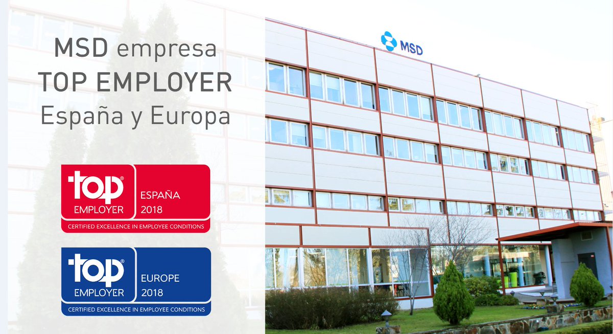 msd_es's tweet photo. Nuestro certificado como empresa Top Employer 2018 demuestra que #MSDEspaña apoya y fomenta el talento en todos los niveles de la empresa https://t.co/vLUhnKNq08 #TECD2018 https://t.co/vQMOpWURlT