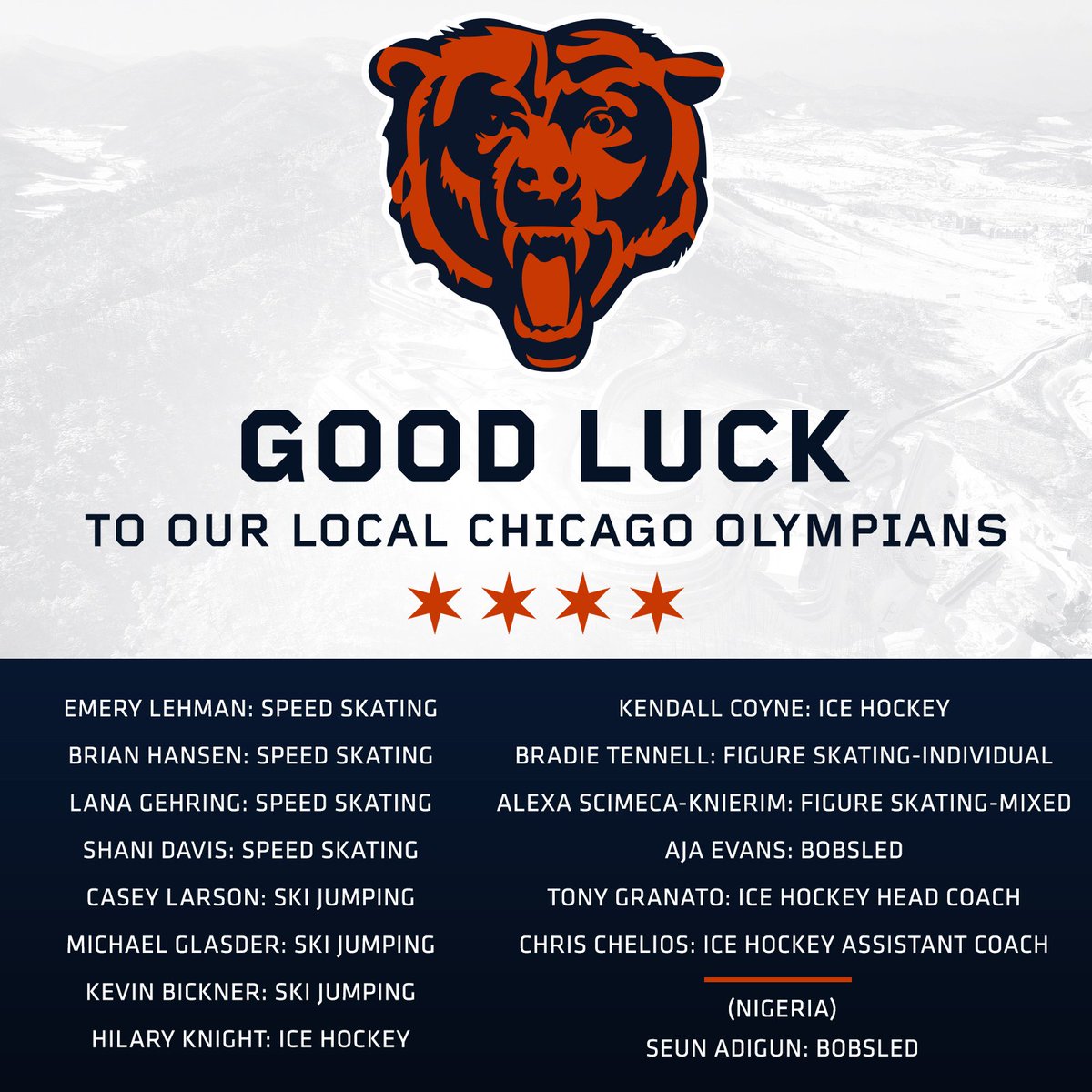 ChicagoBears's tweet photo. Go get 'em, #TeamUSA. 🇺🇸
#Olympics2018 https://t.co/BwwpCz5FU2