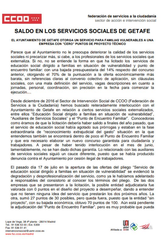 ComiteSef's tweet photo. @sara_heba @comiteintress @CCOO_FSCMadrid estaría genial que hubierais denunciado al @aytogetafe por sacar los pliegos de educación social y punto de encuentro como la @ComunidadMadrid , que daban el 70% de los puntos por bajada económica https://t.co/zYy3WwbeCa