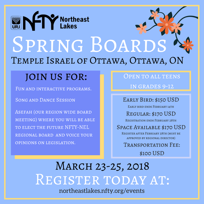 NFTYNEL's tweet photo. Winter Kallah may be over but we're not done yet! Registration for Spring Boards is open NOW! Join us March 23-25 for fun and interactive programming, an amazing dance session and song session and the opportunity to elect the 2018-2019 NFTY-NEL Regional Board! Register Today! https://t.co/Zy1H99NJQ1